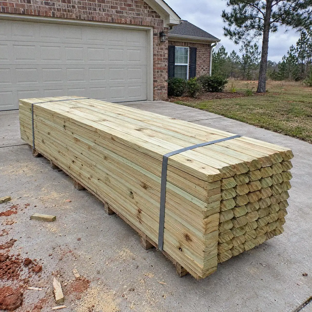 A strapped stack of fence lumber on a driveway in front of a brick house