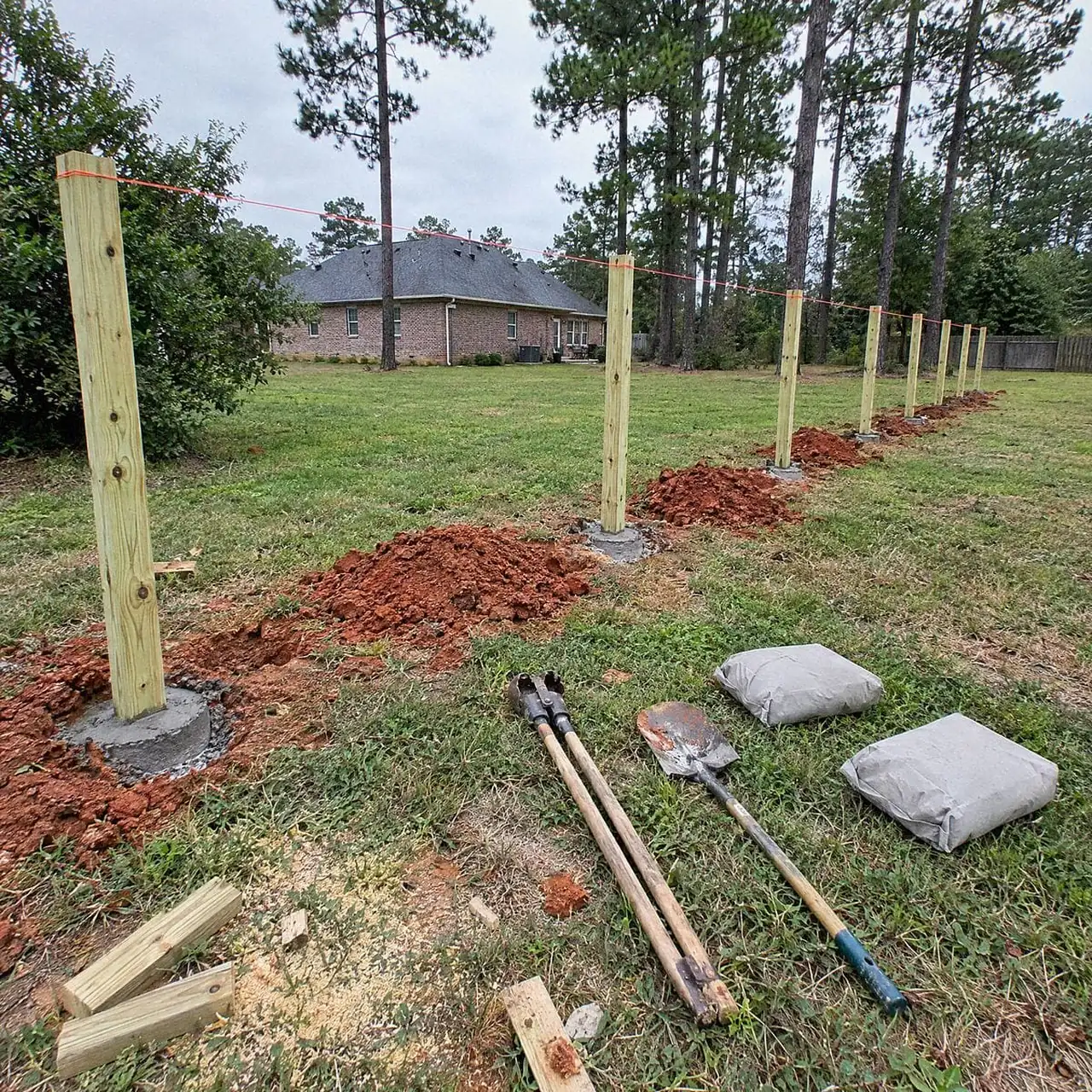 New fence posts set along a string line across a lawn, with red clay, a post-hole digger and bags of concrete